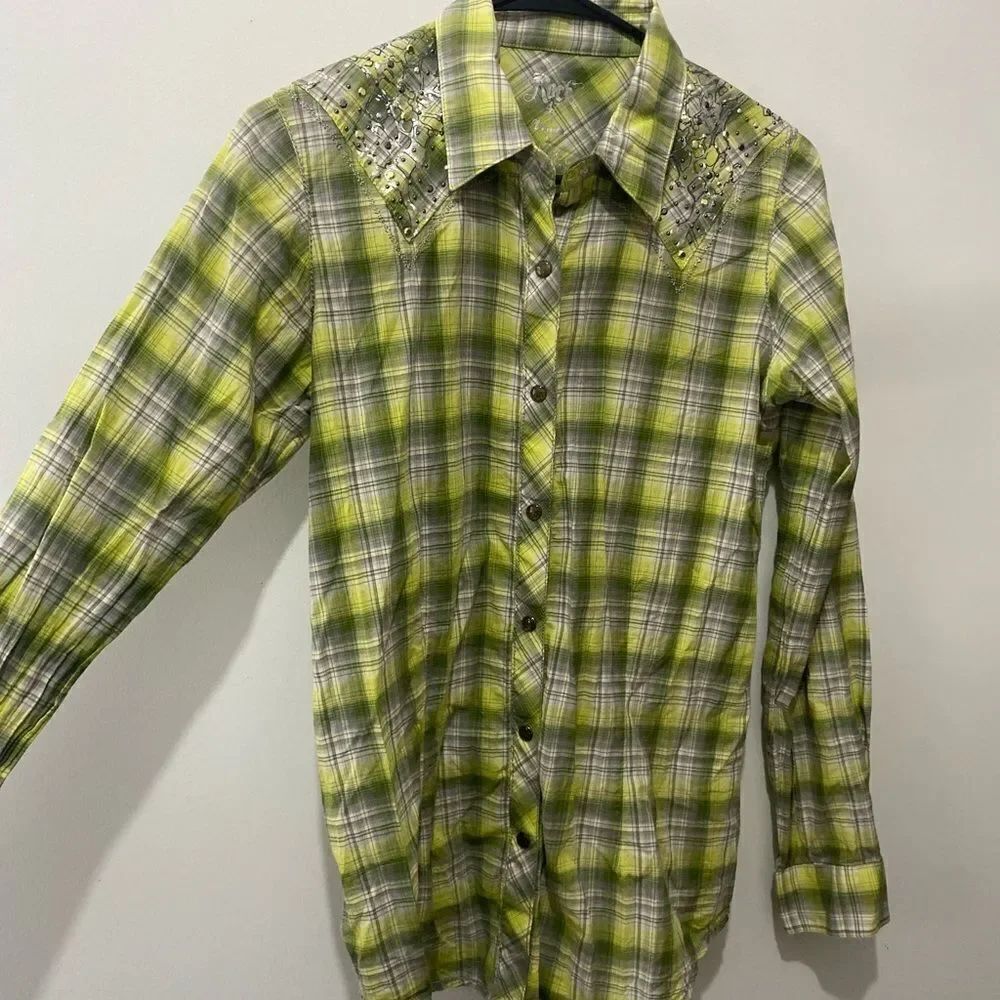 Rock 47 by wrangler cowgirl plaid western rodeo shirt with gems